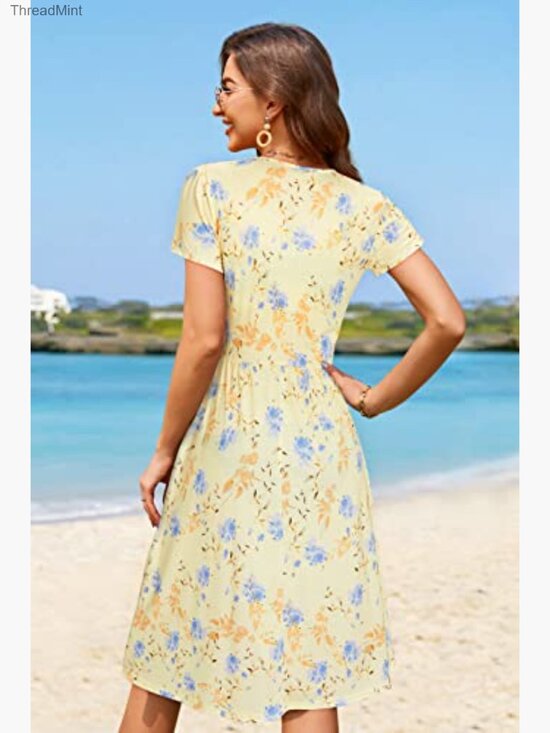 Soft Stretchy V-Neck Midi Dress with Pockets Floral Summer Casual - Picture 5 of 6